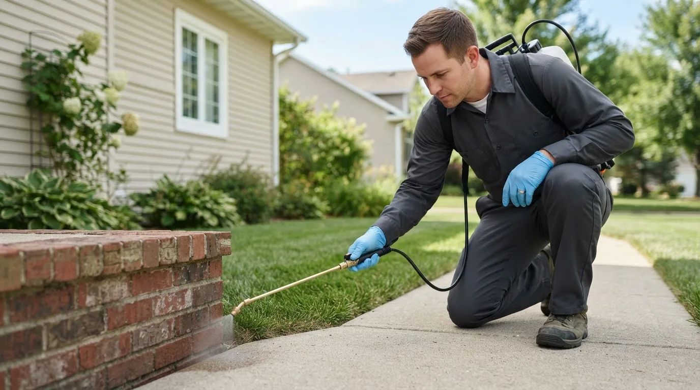 Pest control technician treating a home near New Ross, IN